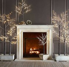 a fireplace decorated with christmas lights and trees