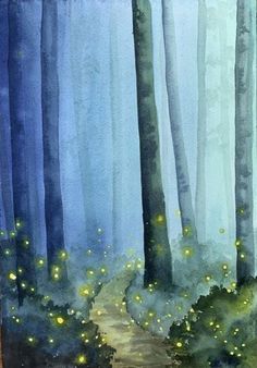 a painting of a path through a forest filled with fireflies