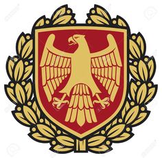 a golden and red eagle emblem on a white background stock photo - 557982