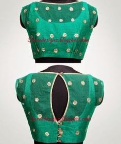 Green Silk Blouse embellished with motifs and key hole opening on back side and Boat neck pattern blouse. Green Blouse Designs, Designer Blouses Online, Blouse Stitching, Red Lehenga, Unique Blouse Designs