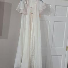 New With Tags White Long-length Sleepwear For Loungewear, White Sheer Fitted Nightgown, Fitted Sheer White Nightgown, White Long Gown With Lace Trim, White Fitted Sleepwear For Wedding Night, White Long Gown For Spring, Feminine White Nightgown With Short Sleeves, White Sheer Summer Robe, Fitted White Sleep Gown