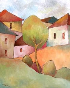 a painting of some houses and a tree