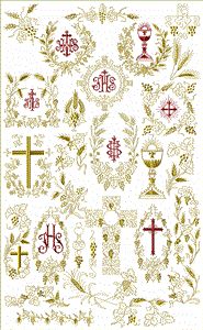 the cross and other symbols are shown in gold on white paper, with green trimmings