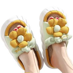 Teddy Flower Toe Slippers ﻿are the ideal pair of Slippers for everyday use. It is made with ultra lightweight and soft cushy materials, your feet will remain comfortable throughout the day with these on. Each pair comes with a lovely flower that sits on top of the strap. It can be used outdoor as well. FEATURES: Style Concise Season Summer/Spring Sole Flat Vamp material EVA Size US ( 5.5 - 12) COMFORTABLE MATERIAL: The Flower Open Toe Slippers are made of high-density material. These are light, Comfortable Eva Slippers With Round Toe, Comfortable Green Synthetic Flip Flops, Comfortable Green Synthetic Slippers, Soft Slip-on Summer Slippers, Green Eva Flip Flops For Spring, Spring Non-slip Eva Sandals, Comfortable Green Eva Sandals, Spring Non-slip Sandals, Spring Platform Slippers With Synthetic Material