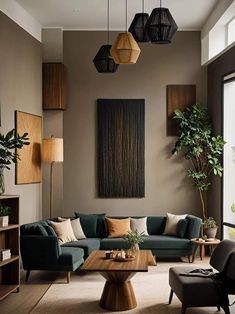 a living room filled with furniture and lots of plants on top of the table in front of a window