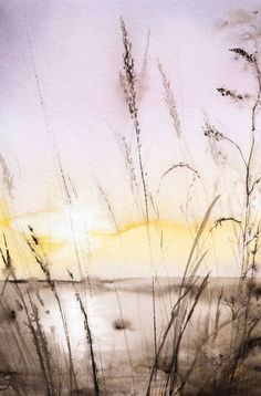 watercolor painting of grass in front of the ocean