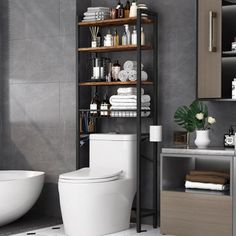 a white toilet sitting next to a bath tub in a bathroom under a window with lots of shelves