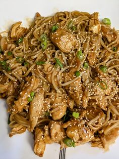 a white plate topped with chicken and sesame seed noodles