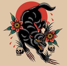 a black cat with red flowers and skulls on it's back is flying through the air