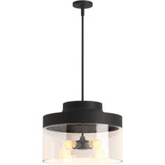 a black and clear light fixture with two lights on each side, hanging from the ceiling