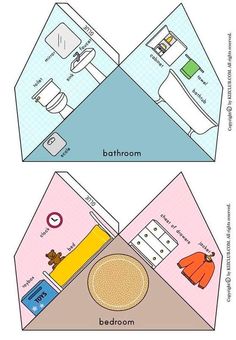 the bathroom and bedroom are cut out from paper