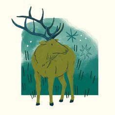 a drawing of a moose with antlers on it's head and snowflakes in the background