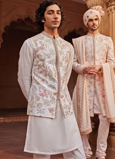 Ivory Kurta Set With An Embroidered Jacket Contrast By Parth - Fabilicious Fashion Bandhgala With Shawl, Traditional Indian Outfits For Men, Luxury Tailored Wedding Sherwani, Luxury Silk Nehru Jacket For Reception, Luxury Katan Silk Unstitched Wedding Suit, Indian Wedding Kurta For Men, Luxury Dola Silk Unstitched Wedding Suit, Mens Wear Wedding Unique, Haldi Outfits Men