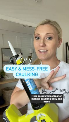 a woman holding up a yellow suitcase with the words easy and mess - free caulking on it