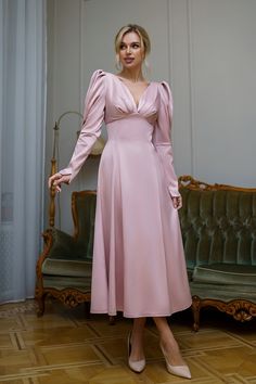 Dusty Pink Satin Bow Back Midi Dress Pink Sunday Dress, Party Dress Elegant, Midi Prom Dress, Pink Silk Dress, Sunday Dress, Satin Long Sleeve, Long Sleeve Evening Dresses, Dresses Cheap, White Sky