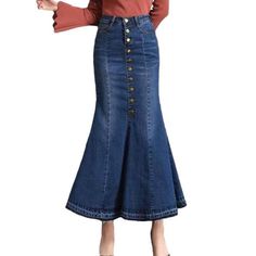 This 2023 Autumn Collection will make you stand out from the crowd with this one-of-a-kind fishtail jeans skirt! Crafted with a street-style edge, this high-waisted skirt is designed with a dark wash, trumpet silhouette, and button closure to create a timeless look.Why You'll Love It Street Style: Step into the streets with this fishtail jeans skirt, featuring a unique style that blends both urban fashion and vintage vibes. Dark Wash: The dark wash perfectly complements the trumpet silhouette, c Autumn Collection Fashion, Jean Skirt With Buttons, Womens Denim Skirts, Skirt With Buttons, Jeans Skirt, Autumn Collection, Denim Color, 2023 Autumn, Feminine Look