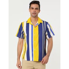 Made from lightweight fabric, this shirt is comfortable to wear and will keep you cool in the summer. The classic-fit shirt tapers throughout the body and hem for a casual look. You can pair it with pants, jeans, or shorts to complete your casual look. Add a stylish outfit option to your everyday wardrobe with this unique striped short-sleeved shirt. Blue Short Sleeve Shirt With Button Closure For Summer, Blue Short Sleeve Shirt For Summer, Striped Shirt With Button Closure For Summer, Striped Button Closure Shirt For Summer, Striped Spread Collar Top For Summer, Blue Camp Shirt With Spread Collar For Summer, Blue Spread Collar Camp Shirt For Summer, Summer Striped Button-up Camp Shirt, Blue Summer Camp Shirt With Spread Collar