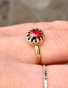 Round, 8mm, rose cut, 2-carats, natural, Mozambique, Red Garnet ring, set in crown bezel 14K yellow gold filled. Ring size: 7. Bloodstone Necklace, Chrysoprase Ring, Red Garnet Ring, Garnet And Gold, Lapis Lazuli Pendant, 2 Carat, Garnet Rings, Red Garnet, Rose Cut