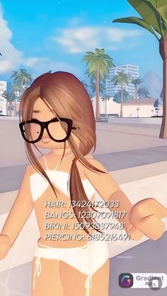 an animated girl with glasses on walking down the street in front of some palm trees