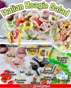 italian hoagie salad recipe with ingredients labeled in english and italian on the side