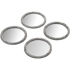 three round mirrors are shown with silver trimmings on the sides and one has an oval