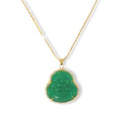 Product Details: 18K gold, stainless steel pendant set with jadeite & cubic zirconia. 18K gold, Stainless Steel chain. MEANING: Green jade carries the energy of the Earth and nature, providing a wholesome, nurturing energy that uplifts and soothes the heart. It draws the abundance of nature into your life, helping you create physical prosperity and wellbeing. Green jade represents growth and life and is known for bringing good luck, friendship, peace, and harmony to the wearer. Laughing Buddha: Green Pendant Crystal Necklace With Adjustable Chain, Green Crystal Pendant Necklace With Adjustable Chain, Green Jade Pendant Crystal Necklace, Gold Jade Gemstone Crystal Necklace, Green Gemstone Necklace For Good Luck, Gold Jade Crystal Necklace With Gemstone, Green Amulet Pendant Crystal Necklace, Green Pendant Crystal Amulet Necklace, Green Amulet Crystal Pendant Necklace