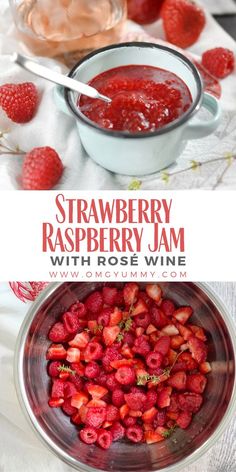 strawberry raspberry jam with rose wine in a glass bowl and on the table