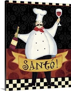 a painting of a chef holding two wine glasses and a bottle with the word santo written on it