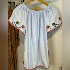 Zara Off The Shoulder Floral Embroidered Cotton Dress/Tunic Size Small P2p- 20” Length- 30” 100% Cotton Main Color Is A Very Pale Blue/Purple Color Great Condition Floral Embroidery Thanks For Checking Out My Closet! Smoke Free/Pet Friendly Home I’m Not A Pro Seller-Just Cleaning Out My Closets. I Ship Fast & Care About What I Send Out. Clothing Comes From My Closet Or My Daughter’s. Mostly Unworn. Flaws I Find Will Be Noted. I Will Reposh If Purchases Don’t Work For Me, But I Don’t Thrift To Fl Peasant Floral Embroidered Top For Beach, Floral Embroidered Tunic Top For Festival, White Embroidered Zara Dress, Spring Peasant Dress With Short Sleeves, Summer Tunic Top With Embroidered Sleeves, Zara Embroidered Spring Dresses, Casual Floral Embroidered Tunic Top, Spring Cotton Dress With Embroidered Border, Zara Embroidered Dresses For Spring