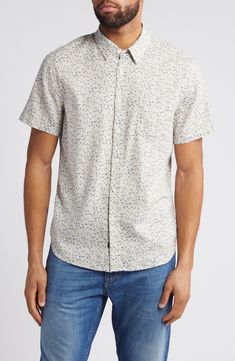 Made from a breezy linen blend, this short-sleeve button-up features a handy chest pocket and an allover abstract pattern. 29" length; 42" chest (size Medium) Front button closure Point collar Short sleeves Chest patch pocket Curved hem 55% linen, 45% rayon Machine wash, line dry Imported Patterned Short Sleeve Shirt With Relaxed Fit For Spring, Summer Button-up Short Sleeve Shirt With All Over Print, Patterned Short Sleeve Shirt For Spring, Summer Short Sleeve Button-up Shirt With All Over Print, Spring Short Sleeve Shirt With Relaxed Fit And Print, Printed Relaxed Fit Short Sleeve Shirt For Spring, Spring Short Sleeve Shirt With Relaxed Fit, Casual Patterned Shirt With Pockets, White Short Sleeve Shirt With Pockets For Spring