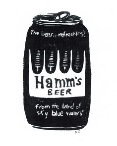 a black and white drawing of a beer can with the words hamm's beer written on it