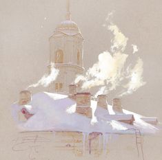 a drawing of a building with a clock tower in the background and snow on the roof