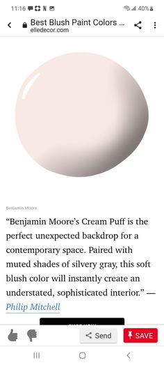 an image of the back side of a cell phone with text that reads,'cream puff is the perfect unpected backdrop for a contemporary space