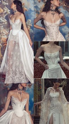 four pictures of different styles of wedding gowns