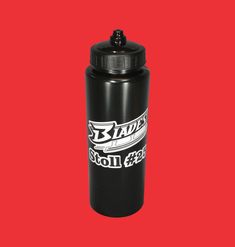 a black water bottle on a red background with the words bladder stoll 3