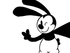 a black and white drawing of a cartoon rabbit with a cape on its head, waving