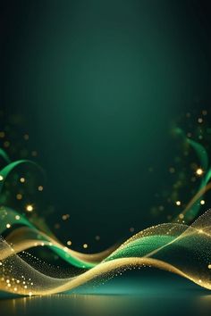 an abstract green and gold background with some lights in the dark area, like waves or swirls