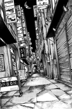 a black and white drawing of an alley way