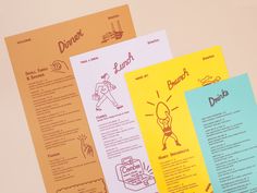 three different colored menus on top of each other with cartoon characters in the background