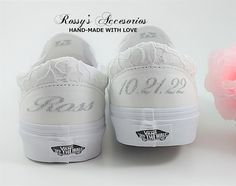 "Beautiful and Romantic wedding sneakers is a perfect accessory for your Special day.. These White Slip On Authentic Vans , are covered with White Lace . Handmade to order, so please allow me enough time before your wedding date. Orders are processed and shipped within 6-7 WEEKS of payment., large orders, may take longer ..Please allow 2-5 days additional and Domestic Shipping will take 2-5 Business days. RUSH ORDERS ARE AVAILABLE **Please read all \"shop policies\" before placing your order** h Custom White Wedding Vans, Vans Shoes Wedding, Bridal Vans, Lace Vans, Sneakers For Bride, Wedding Sneakers For Bride, Sneakers Wedding, Wedding Vans, Wedding Theme Color Schemes