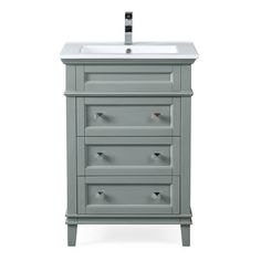 a gray bathroom vanity with drawers and a white sink on the top, against a white background