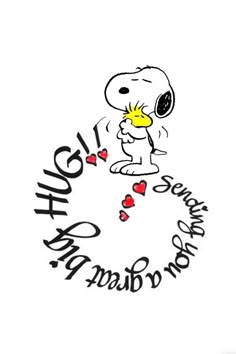 a cartoon character holding a heart with the word hug on it's chest and surrounded by hearts