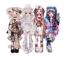 three dolls are standing next to each other