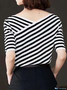 Orcajump - V-neck Striped Knitted Top, Casual Short Sleeve Top For Spring & Summer, Women's Clothing Striped Stretch V-neck Top, Striped Knit V-neck Sweater, Chic Knitted V-neck Top, Striped V-neck Summer Sweater, Summer Striped V-neck Sweater, Striped V-neck Knit Top For Spring, Striped V-neck Knit Top For Summer, Black V-neck Sweater For Summer, Knitted Striped V-neck Top