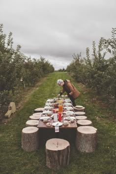 a person standing over a table covered in plates and glasses on top of grass next to an apple orchard