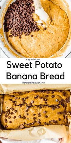 sweet potato banana bread with chocolate chips on top and in a bowl next to it