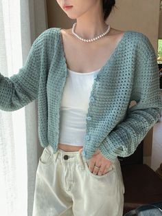 Women Spring Autumn Casual Solid Color Hollow Out Knit Cropped Cardigan Blue Casual  Long Sleeve Knitted Fabric Plain  Medium Stretch  Women Clothing, size features are:Bust: ,Length: ,Sleeve Length: Lightweight Cardigan, Cotton Crochet, Cropped Cardigan, Crochet Cardigan, Knitwear Women, Casual Fall, Long Sleeve Knit, All Fashion, Women Clothing