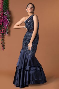 Buy Blue Milano Satin Embroidery One Shoulder Fish Cut Gown For Women by Mehak Murpana Online at Aza Fashions. Fish Cut Dress, Fish Cut Gown, Fish Cut, Embroidered Fish, Haldi Dress, Layered Gown, Navy Blue Gown, Ruffled Gown, Cutout Neckline