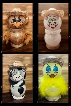 four different pictures of stuffed animals wearing hats