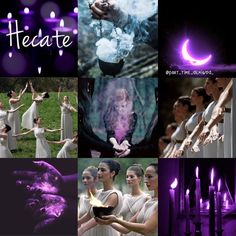 the collage shows several different images in purple and white, including two women holding candles